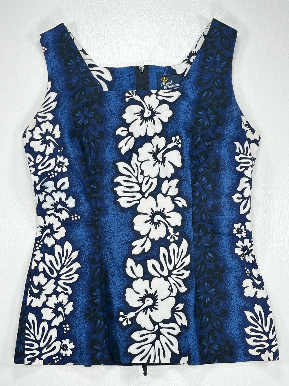 Vintage Hawaiian Navy Blue Floral Tank Top Small Hibiscus Print Fitted Darted
